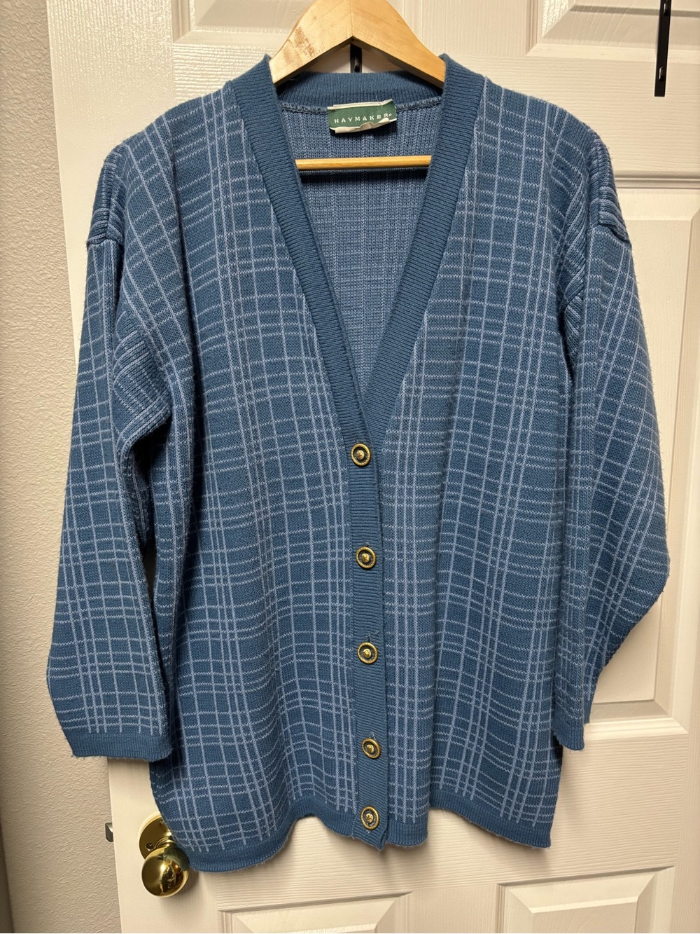 Vintage 80s/90s Haymaker Blue Plaid Grandpa Cardigan Sweater
